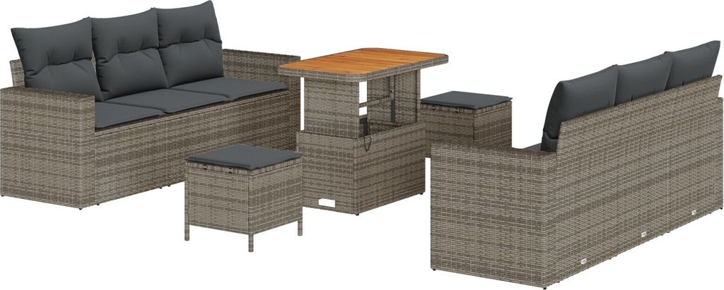 Möbel 9-teiliges Gartensofa Set mit Kissen Grau Poly-Rattan Akazie, 3-teiliges Gartendining Set mit Kissen Grau Poly-Rattan Akazie - Gartensofas 3...