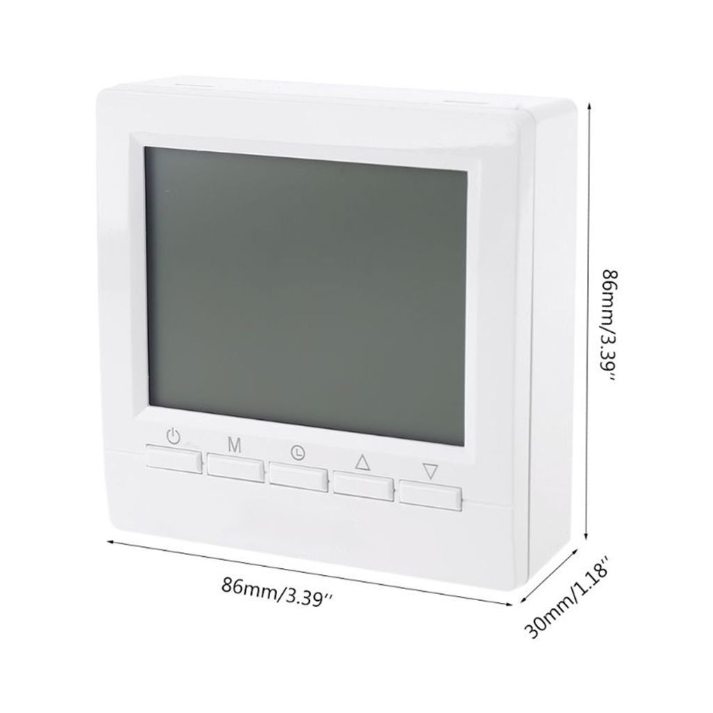 A white digital thermostat with an LCD screen and buttons is shown against a white background. Dimensions are indicated with measurement lines.
