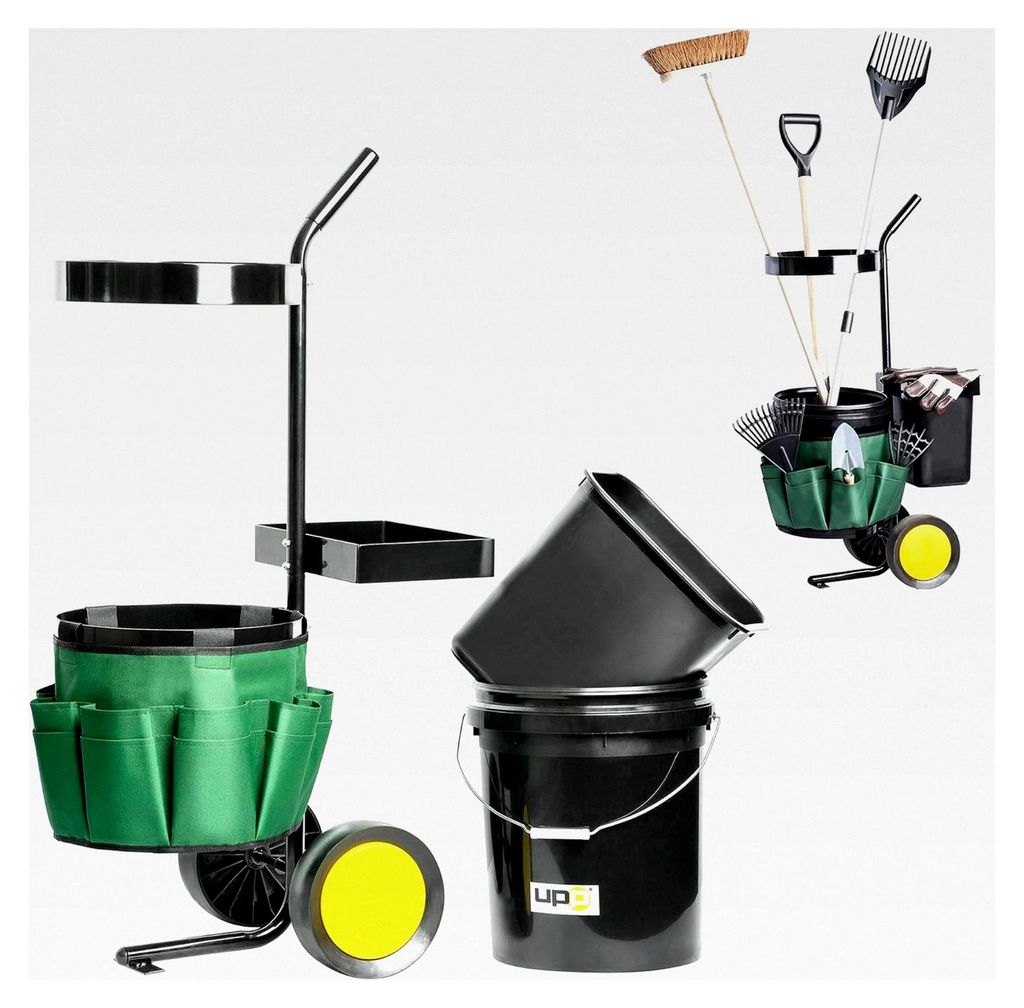 Garten- und Werkzeugtrolley mit 12 und 20 L Eimern | Gerätehalter und Tasche mit 12 Fächern für Gartenwerkzeuge | Gartentrolley mit Rollen | Bel...