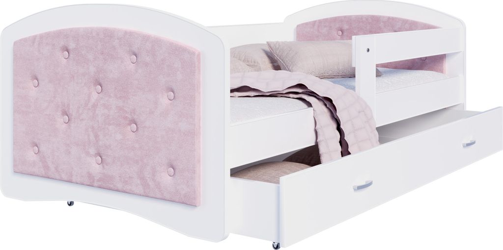 Bett MEGI 80x180 cm Kinderbett Polsterbett mit Schublade Lattenrost Rausfallschutz Jugendbett weiß rosa trinity