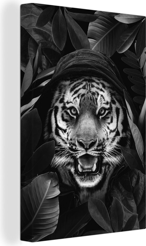 OneMillionCanvasses - Leinwandbilder - 90x140 cm, Tiger mit einer Kapuze zwischen den Blättern - schwarz und weiß, Wandbilder Kunstdruck Wandde...