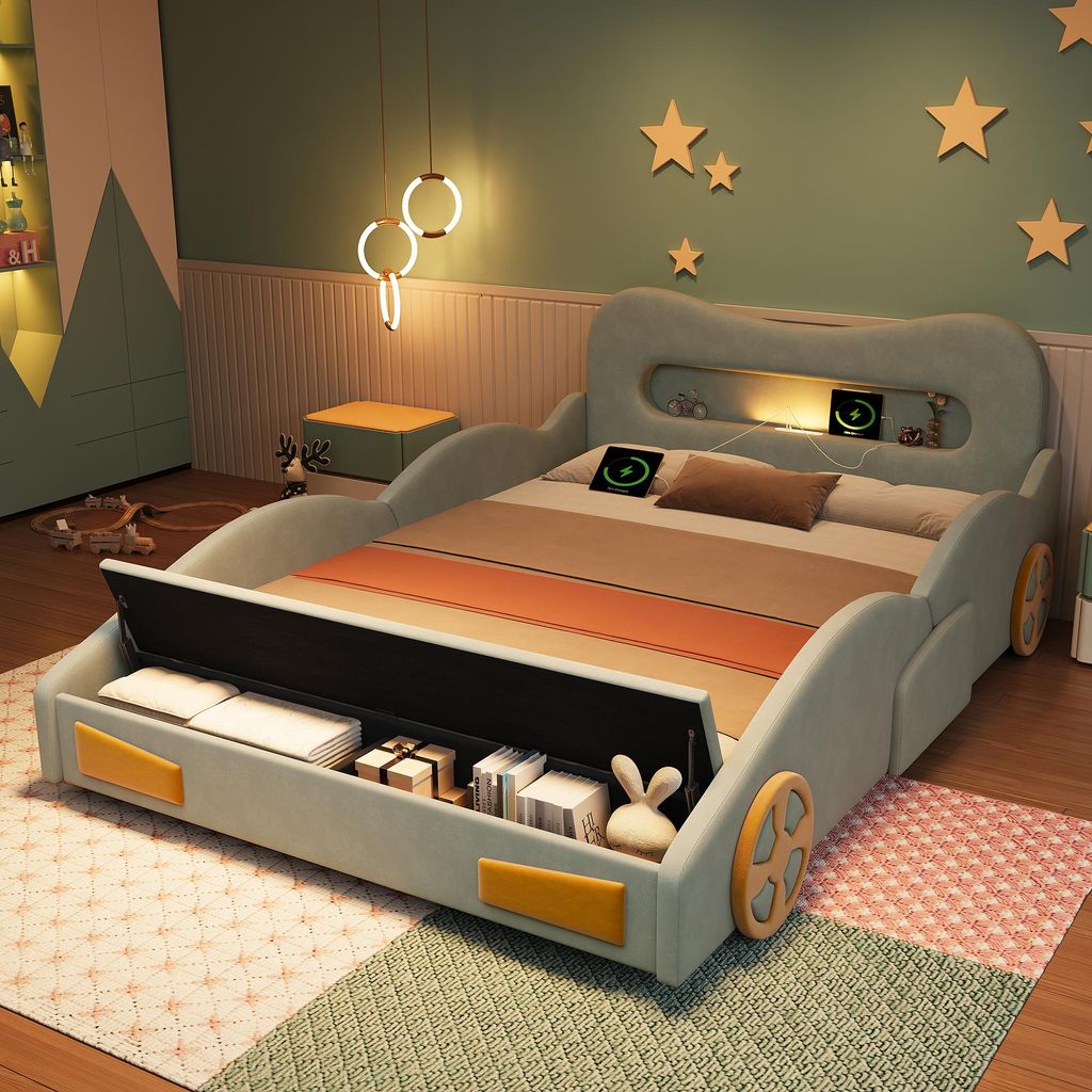 Babybed 140 x 200 cm, groen autobed van flanel met Productafbeelding 