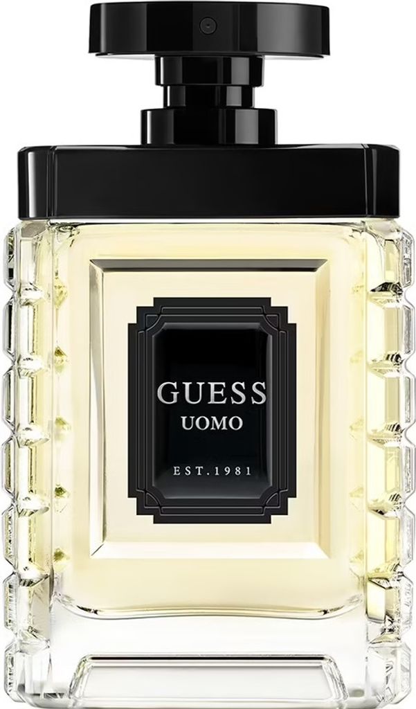 A bottle of Guess Uomo Eau de Toilette for men.