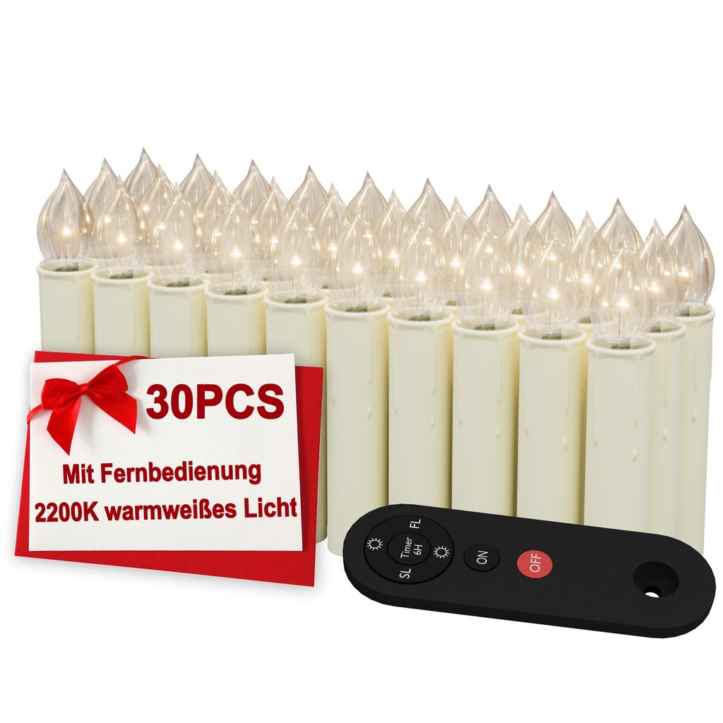FIVMEN Kabellose LED Christbaumkerzen 30er Set, Elektrische Kerzen mit Fernbedienung und Timer, Weihnachtsbaum LED Kerzen Elfenbeinweiß, Christmas...