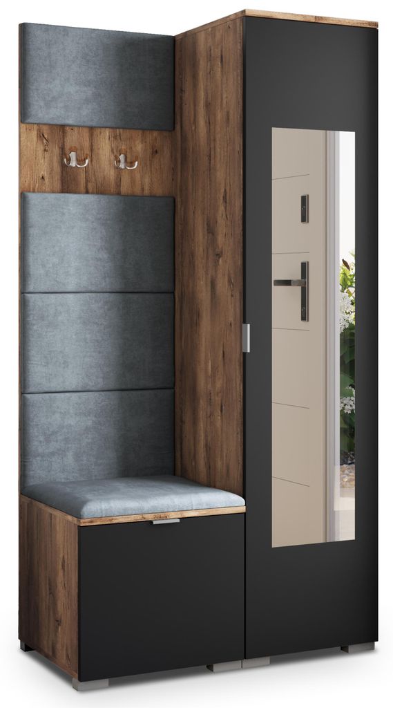 Masseno Garderobe-Set VIRA 95/181/51 cm Modern Garderobenschrank Eiche Lefkas, Veloursstoff MONOLITH 85 (Grau)
