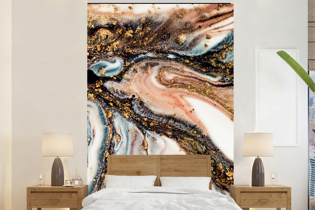 MuchoWow Fototapete für Wohnzimmer oder Schlafzimmer Wandtapete Vinyl Motivtapete Marmoroptik - Gold - Schwarz - Glitzer - Chic - 180x280 cm - W...