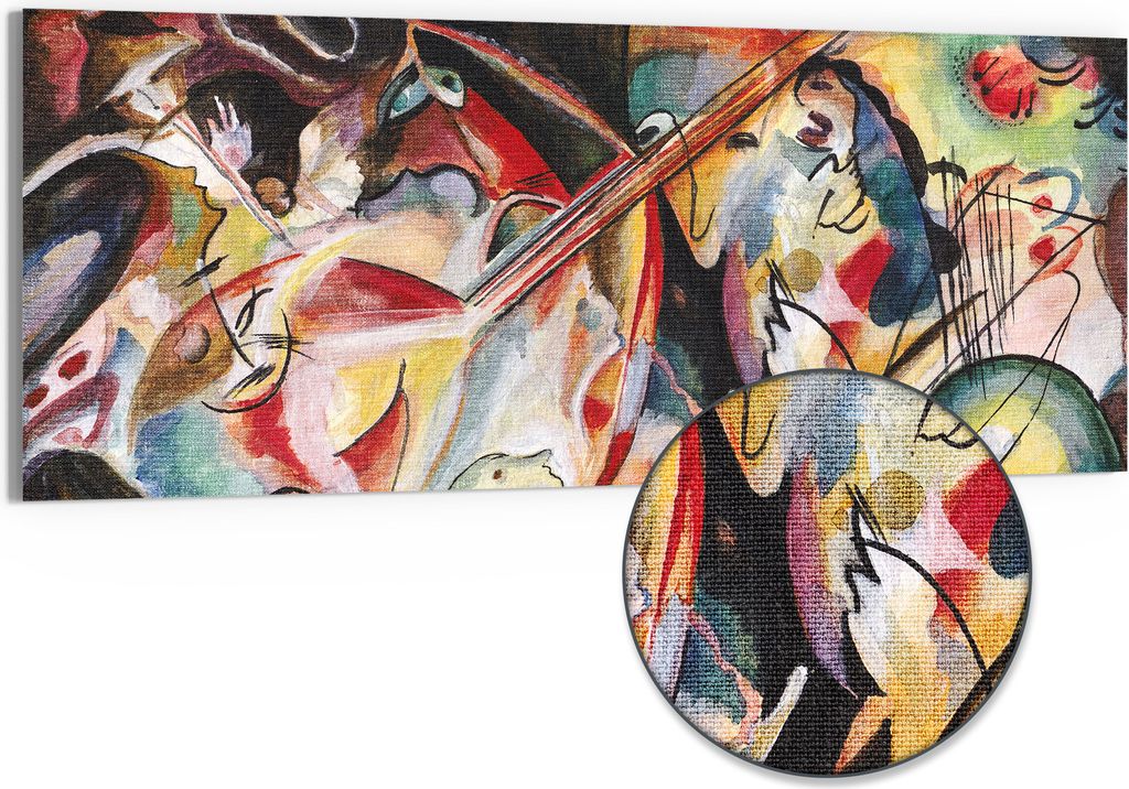 DEQORI Hybrid Leinwand Bild 125x50 cm 'Konzert im Kadinsky-Stil' Wandbild Glas flach modern