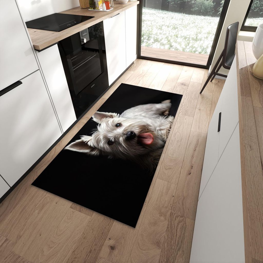 Küchenteppich 90x180cm rutschfest & abwischbar PVC Läufer - Weisser Hund