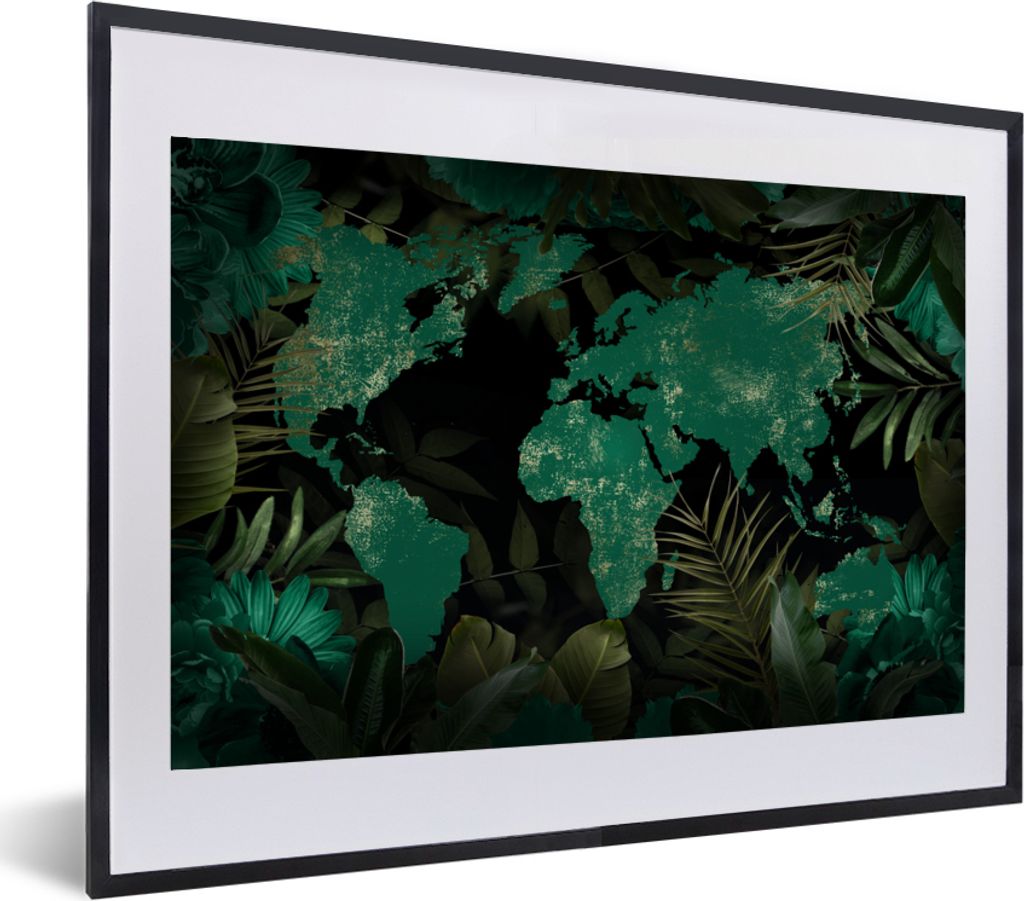 MuchoWow MuchoWow Gerahmtes Poster Weltkarte - Grün - Blätter 60x40 cm - Poster mit zchwarzem Bilderrahmen - Schlafzimmer - Plakat in Rahmen ...