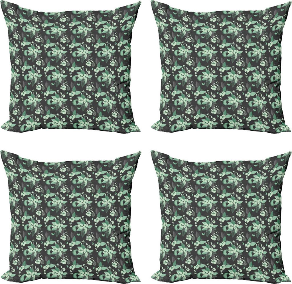 ABAKUHAUS Grau und Grün Kissenbezug Set (4 Stück), nostalgische Blumen, Moderner Doppelseitiger Digitaldruck, 60 cm x 60 cm, Grau Mint Green