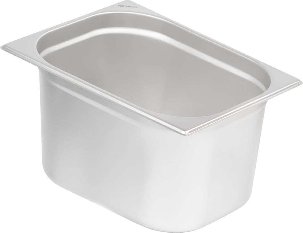 An empty, clean, stainless steel food pan.