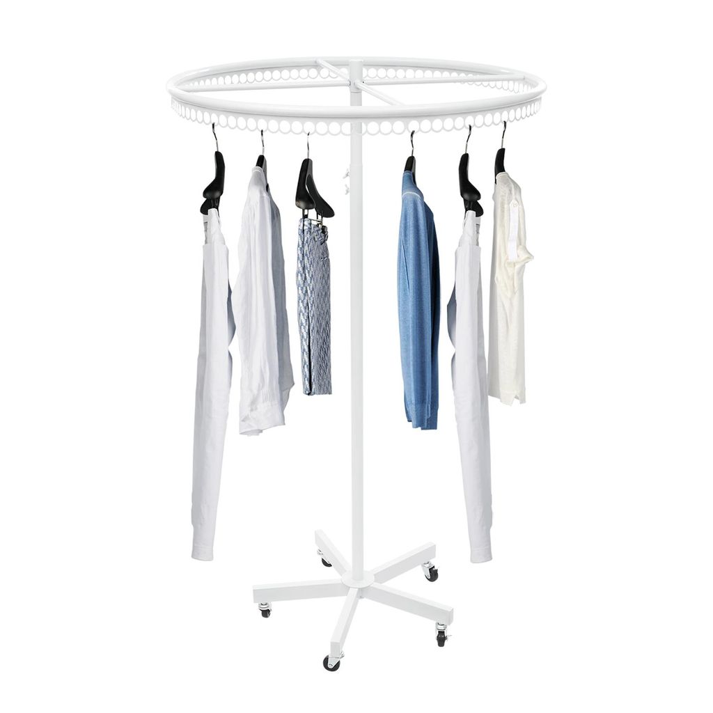 A white circular clothing rack with clothes hanging on it, set against a white background.