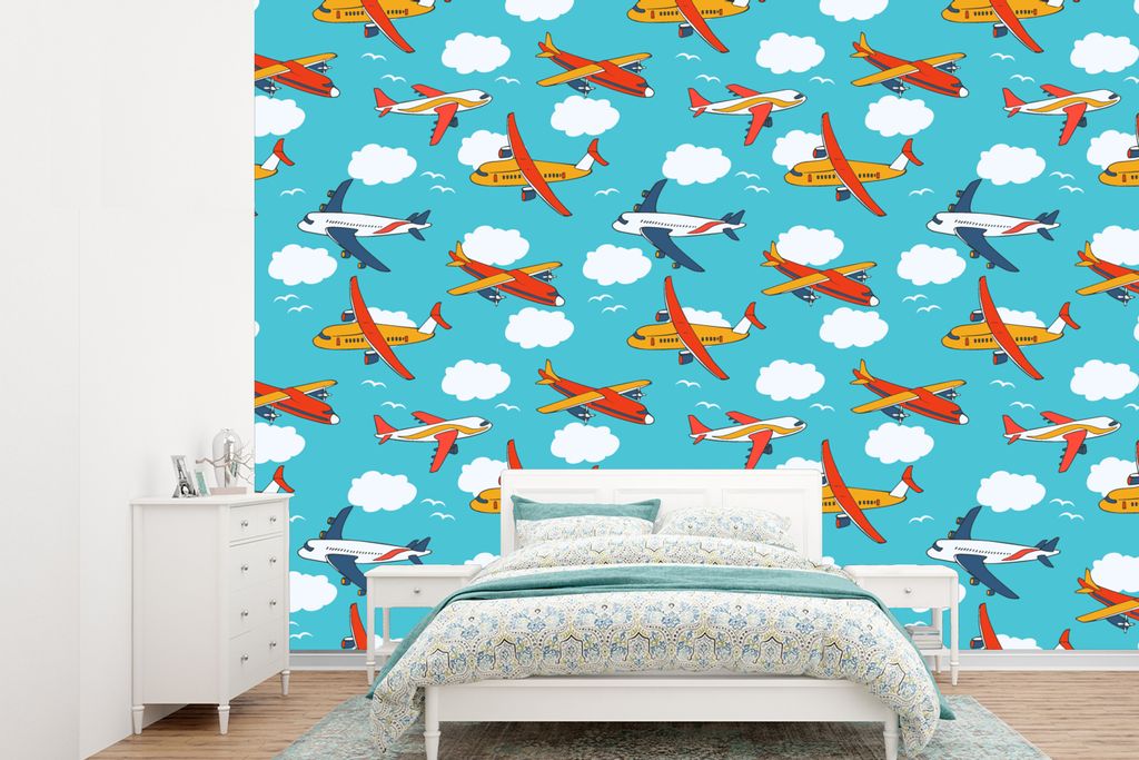 MuchoWow Fototapete für Wohnzimmer oder Schlafzimmer Wandtapete Vinyl Motivtapete Muster - Flugzeug - Wolke - Luft - Junge - Kind - Kinder - Kin...