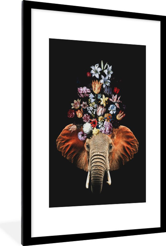 MuchoWow MuchoWow Gerahmtes Poster Elefant - Blumen - Schwarz 60x90 cm - Poster mit zchwarzem Bilderrahmen - Dekoration - Wandposter Wohnzimmer...