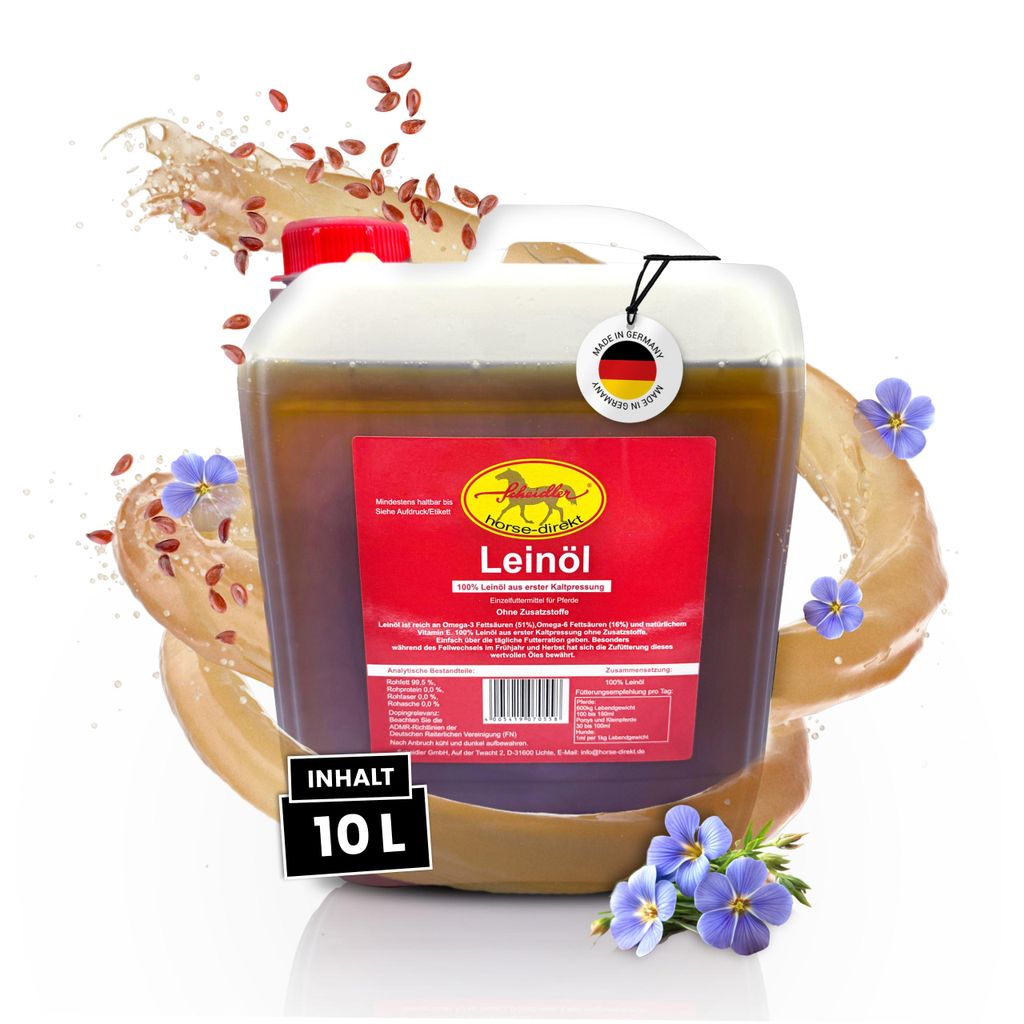Leinöl Tierfutterzusatz 10 Liter für Pferde, Hunde & Katzen, Omega-3, Omega-6, Vitamin E, ohne Zusatzstoffe aus erster Kaltpressung