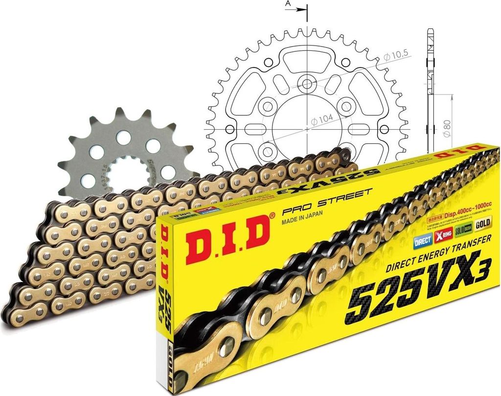 Kettensatz DID Stealth 525VX3 / 114 Endlos gold für Kawasaki Z 900 ccm Bj. 2020