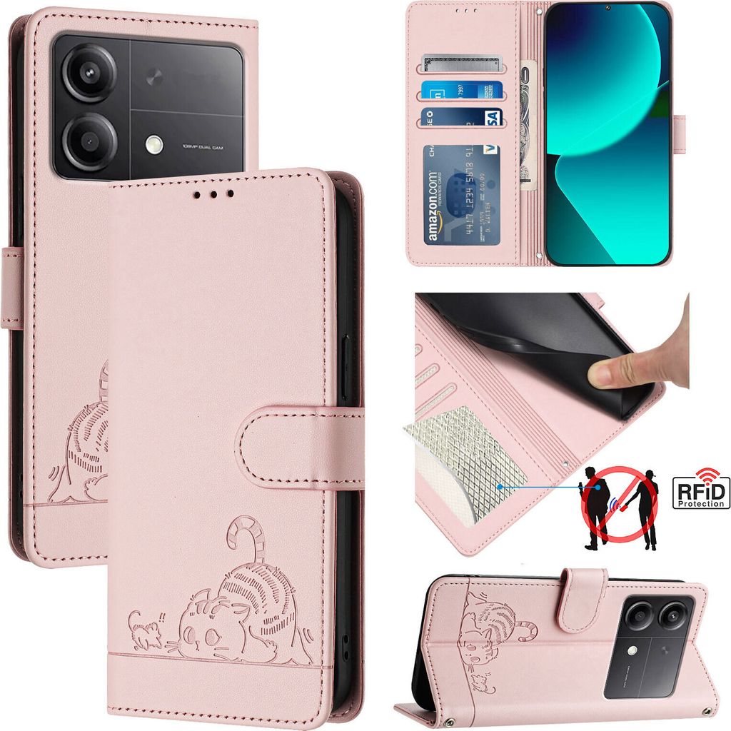 Leder Hülle für Xiaomi Poco X6 Neo Süße Katze Flip Case Brieftasche Schutzhülle mit Standfunktion Pink