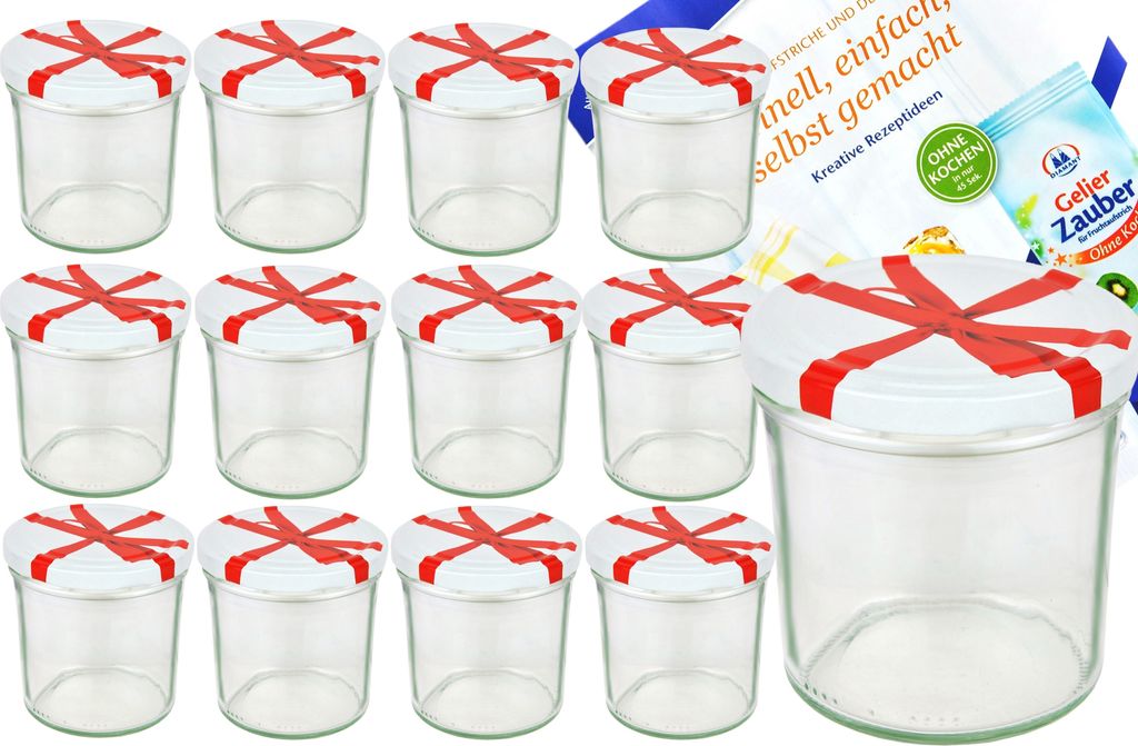 12er Set Sturzglas 350 ml To 82 Schleifendekor Deckel incl. Diamant Gelierzauber Rezeptheft