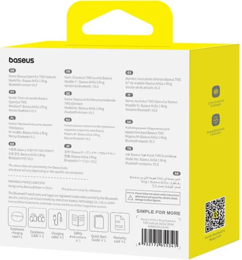 Écouteurs sans fil Baseus AirGo 1 Ring Stéréo TWS Bluetooth Universels
