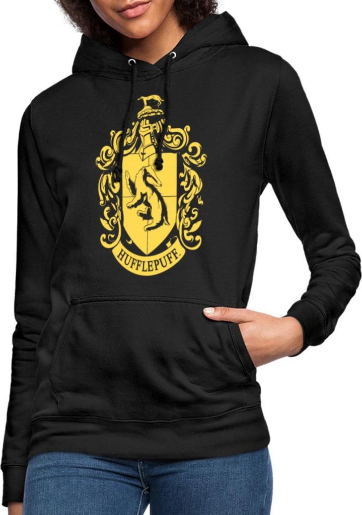 Spreadshirt Harry Potter Hufflepuff Wappen Damen Hoodie, L, Schwarz