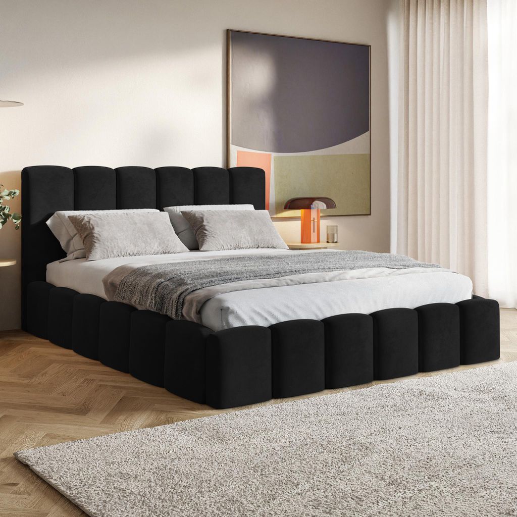 MOTIVENA Nunu Bubble Polsterbett 120x200 mit Bettkasten, Holz Lattenrost, Bubble Bett 120x200 Schwarz Samt (Amor 22)
