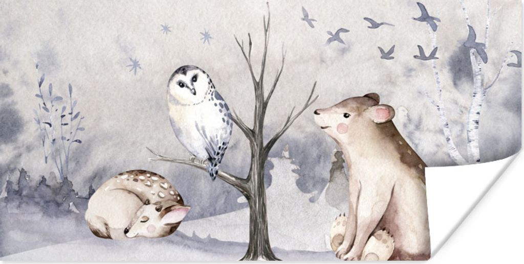 MuchoWow Poster Winter - Wald - Tiere 150x75 cm - ohne Rahmen