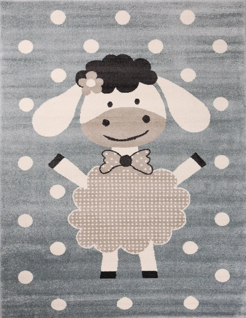 Tapis Enfant Rond Ø 120 cm Mouton Joyeux Menthe Bleu et Beige Dots