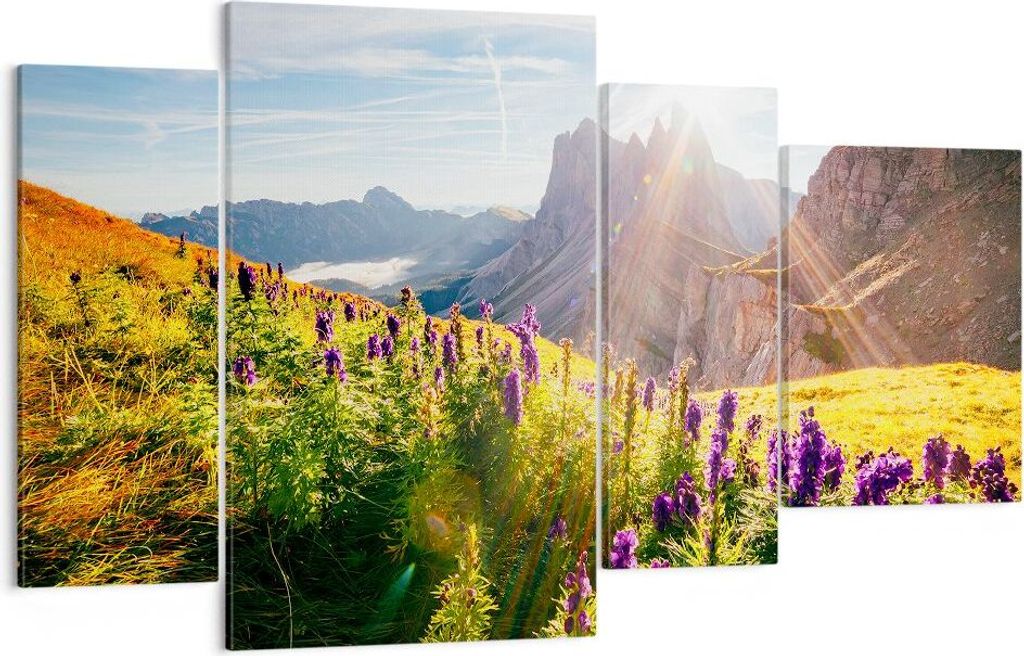 Bild auf Leinwand - Leinwandbild - Berge Wiese Blumen - 120x70cm - Wand Bild - Wanddeko - Leinwanddruck - Bilder - Kunstdruck - Wanddekoration - Le...