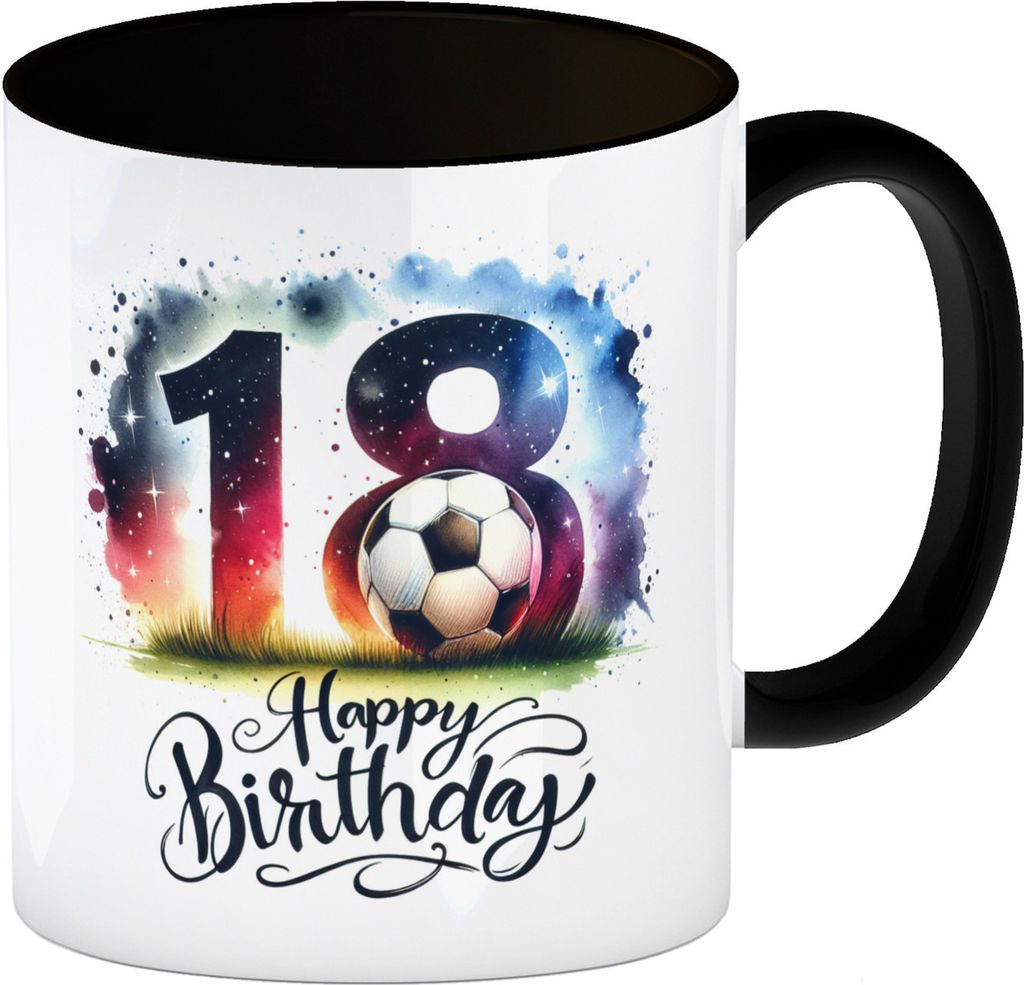 Happy Birthday 18 Fußball Kaffeebecher in schwarz mit Spruch Happy Birthday 18