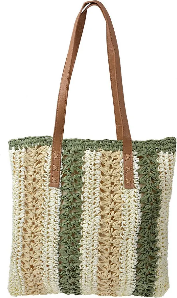 Sac de plage Juleeze beige et vert 36x40 cm au design boho synthétique