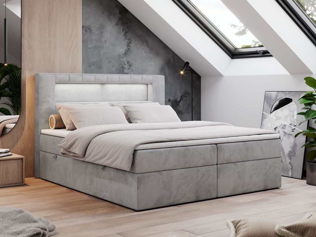 Boxspringbett 200x200 mit Led, Polsterbett mit LED Kopfteil - Multipocket-Matratze - Doppelbett - GOLD-5 - 200x200 - Hellgrau - Velvet - H3