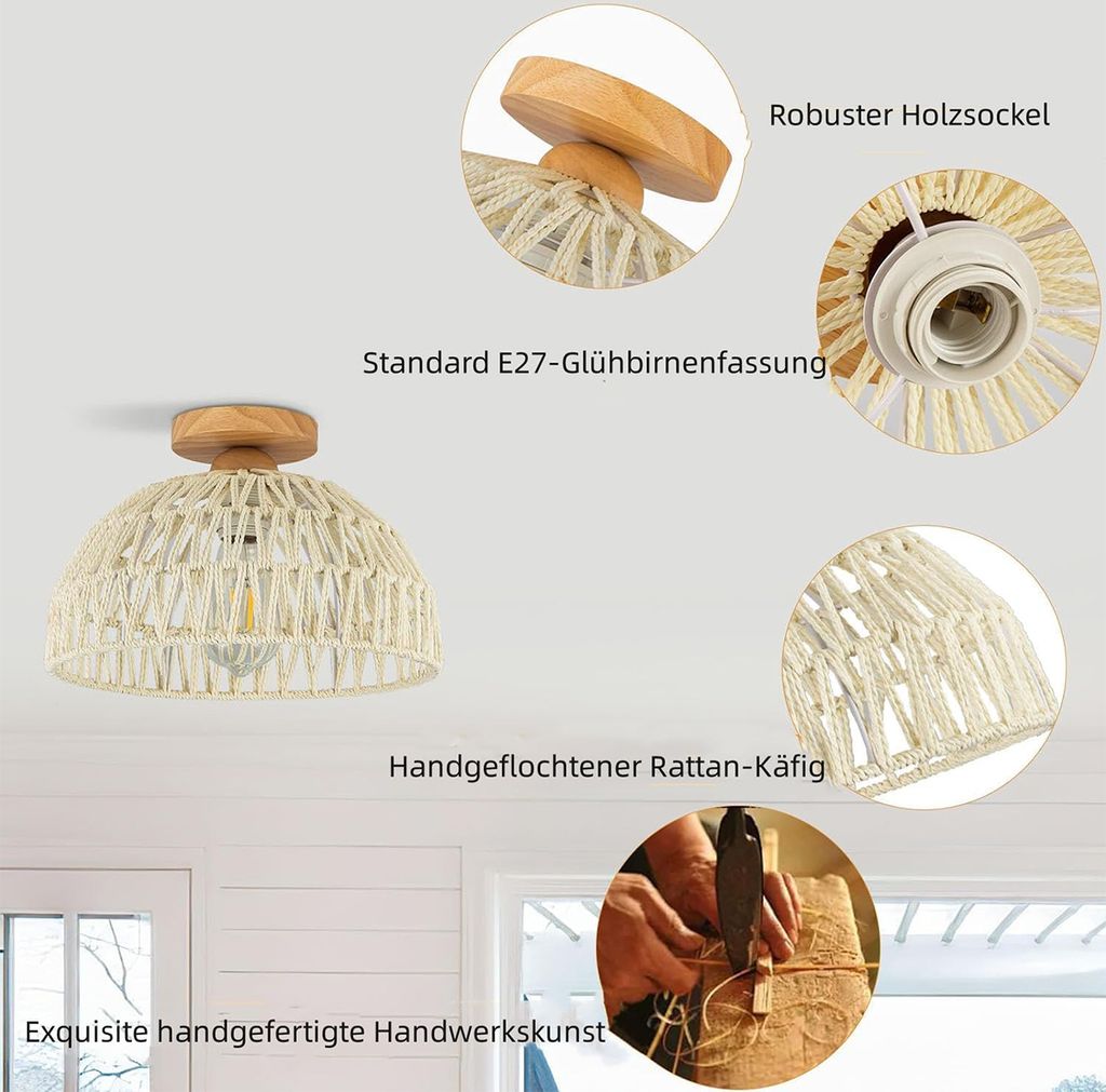 Rattan Hängelampe, E27 Deckenleuchte, Vintage Landhausstil, Produktbild 2