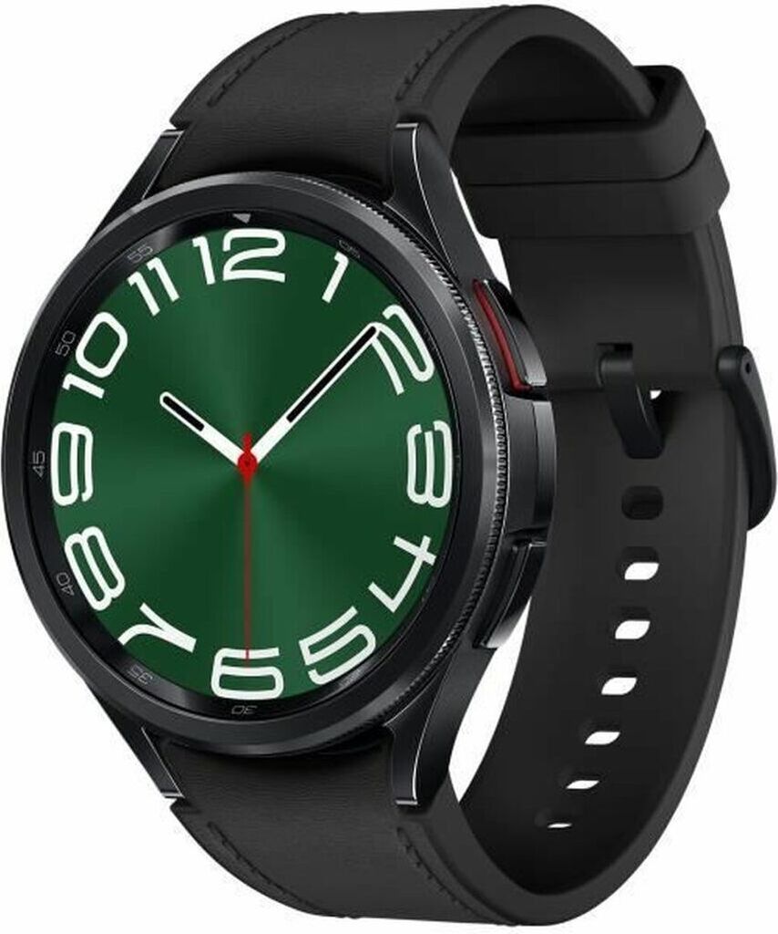 A close-up studio shot of a black smartwatch with a green watch face and white numbers.