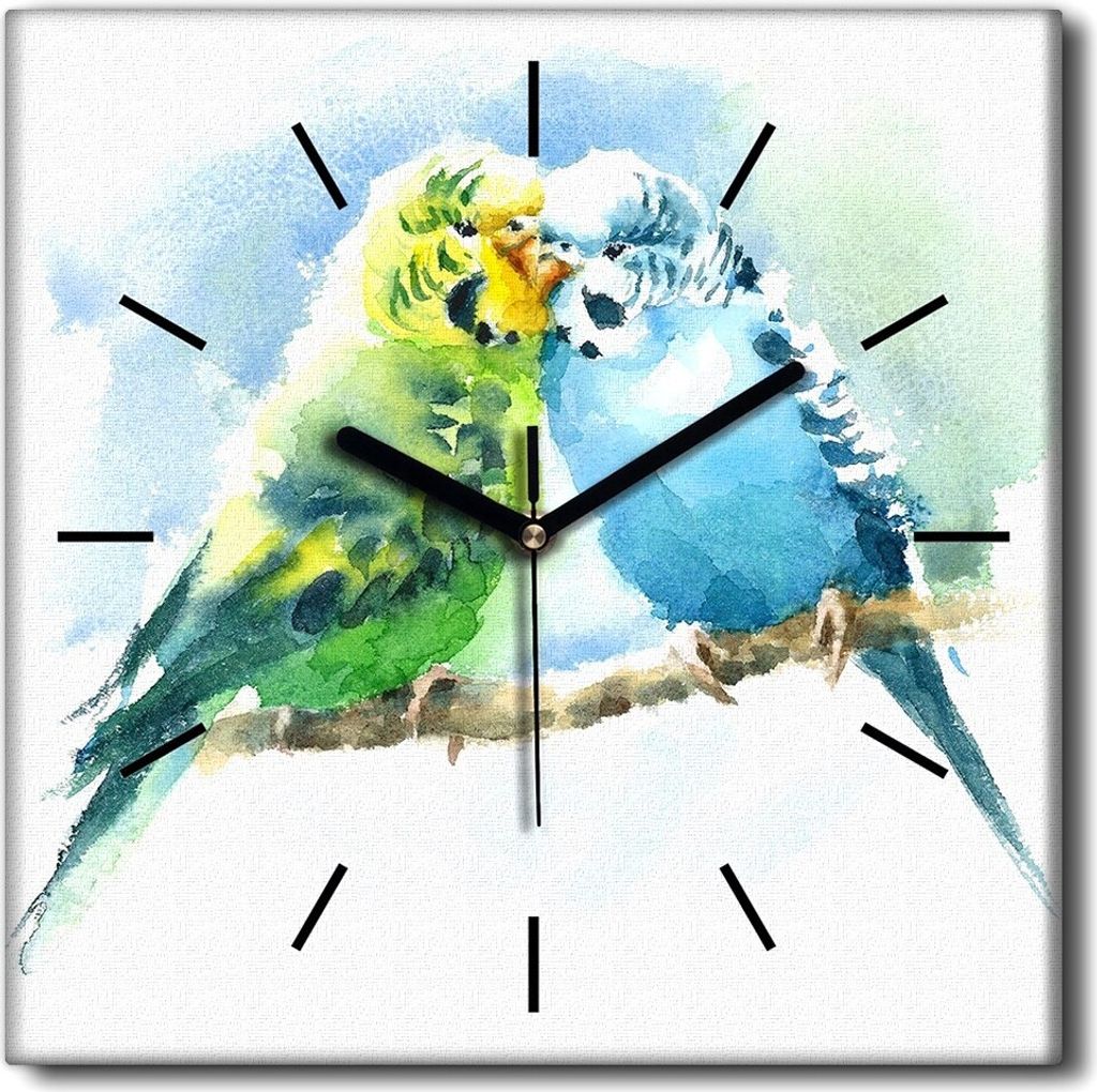 Coloray Uhr auf Leinwand 30x30 cm Wand Uhr Dekoration Wohnzimmer Segeltuch schwarze Hände -Aquarelle Vögel Tier.