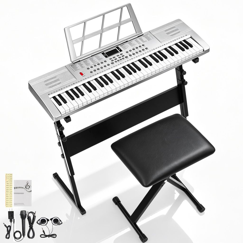 FCH 61 Tasten E Keyboard,Elektronisches Klavier, Digitalpiano Set,Keyboardständer, Keyboardbank und Mikrofon,Silber