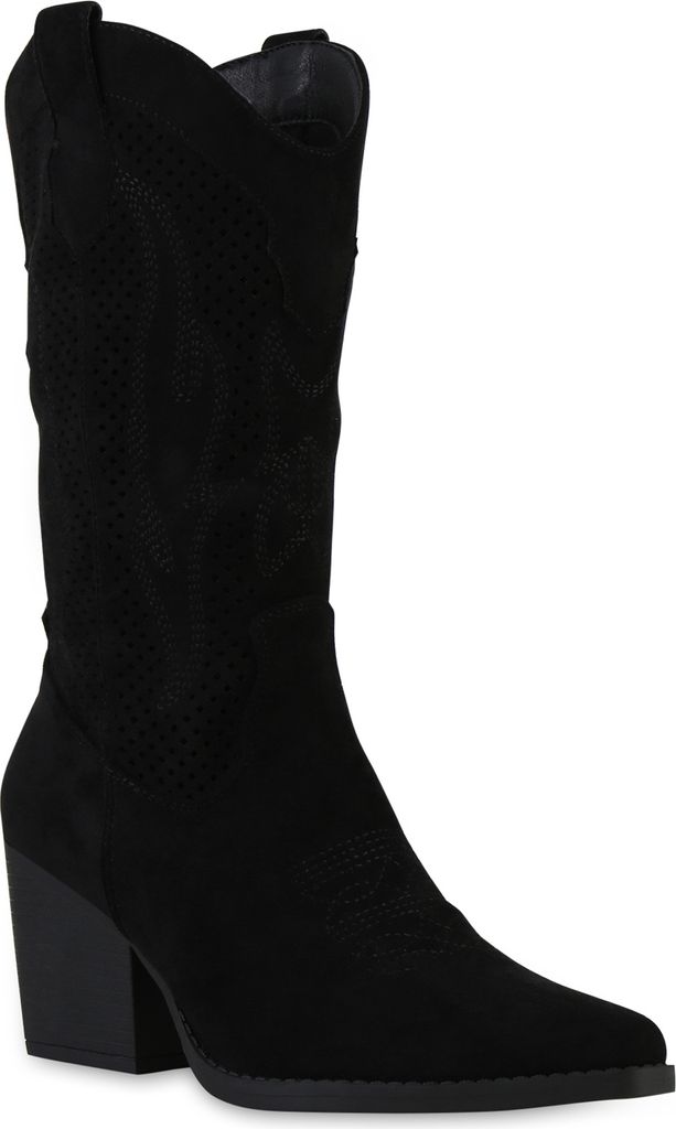 VAN HILL Damen Cowboystiefel Stiefel Spitze Stickereien Cut-Outs Schuhe 841524, Farbe: Schwarz, Größe: 38