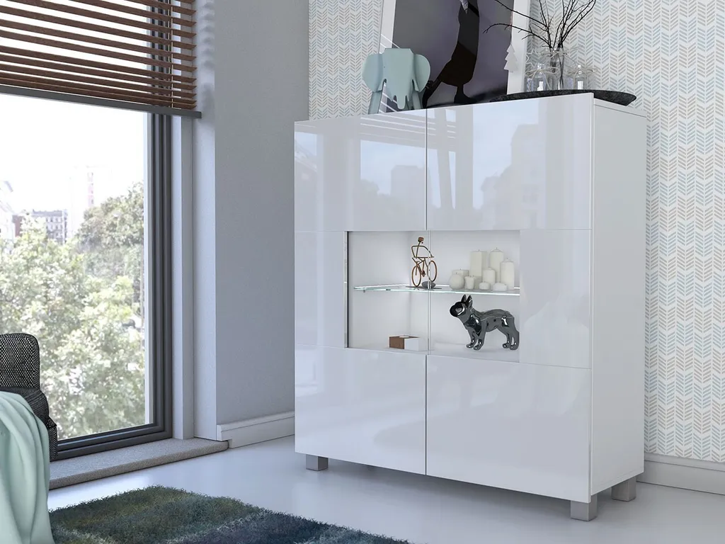 Commode vitrée CHEMUNG avec éclairage LED blanc - Blanc brillant chic