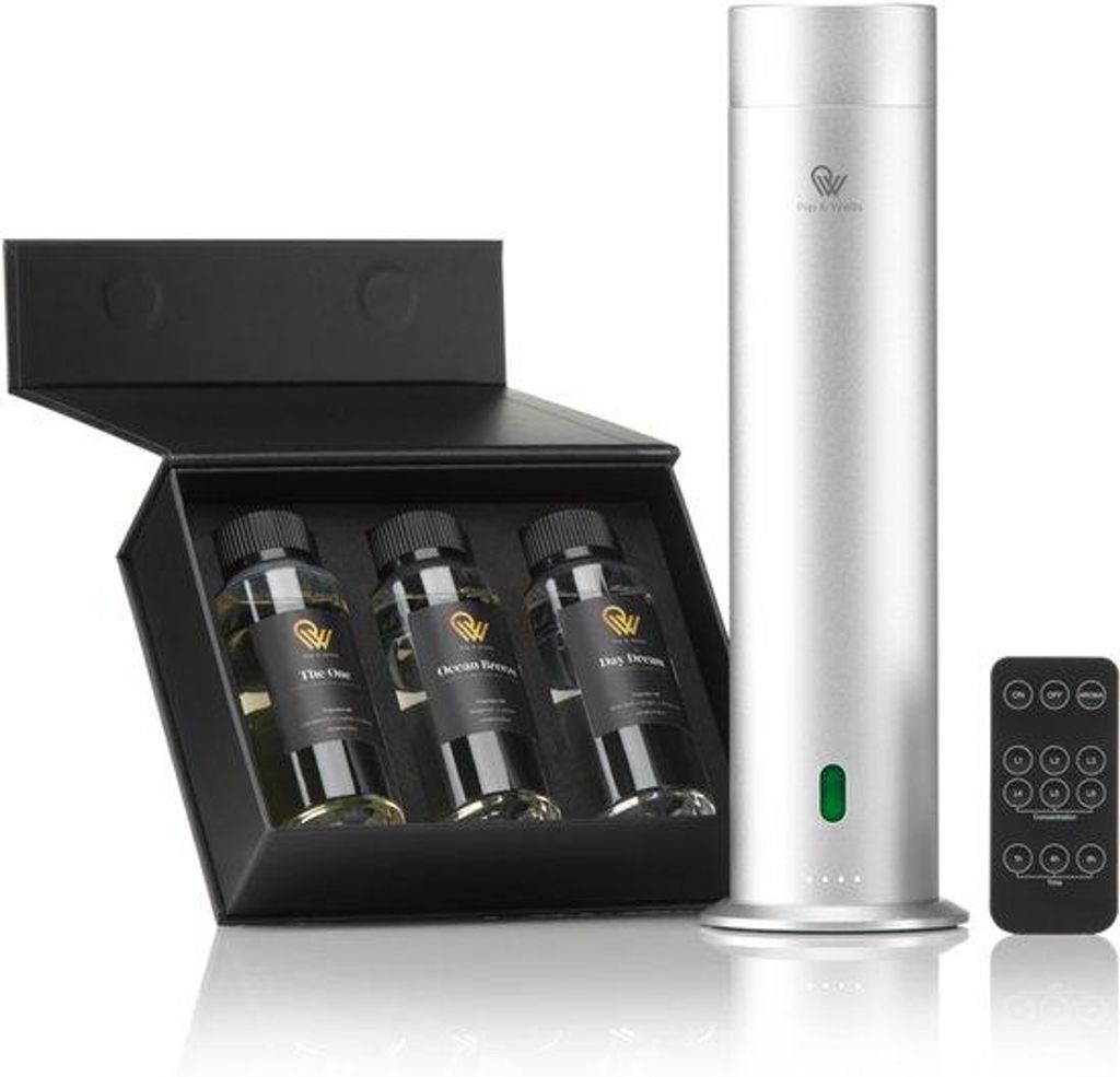Pip & Wells Pure One Aroma-Diffusor – Wasserloser Duftdiffusor mit 3 Hoteldüften – 120 ml pro Duft – Mat Zilver – Inkl. Fernbedienung un...