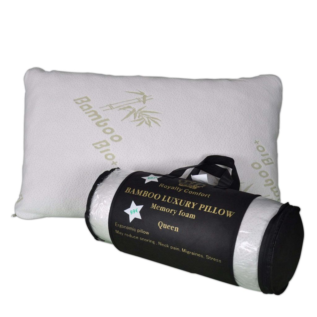 A white pillow is shown next to its rolled-up packaging, which is black with gold and white text.