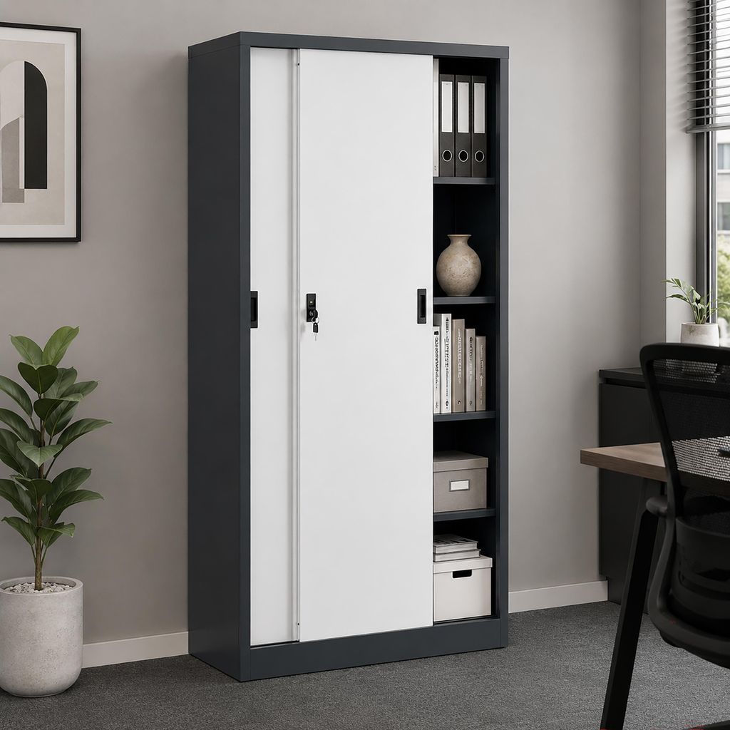 VCM Metallschrank mit 5 Fächern und 2 Schiebetüren, Stahlschrank abschließbar, 80 x 180 x 40 cm, Aktenschrank und Universalschrank, Malivo