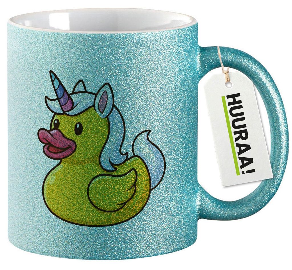 Huuraa Glitzertasse Quietscheente Einhorn Gummiente Unicorn 330ml Blau Keramik Kaffeebecher Geschenkidee