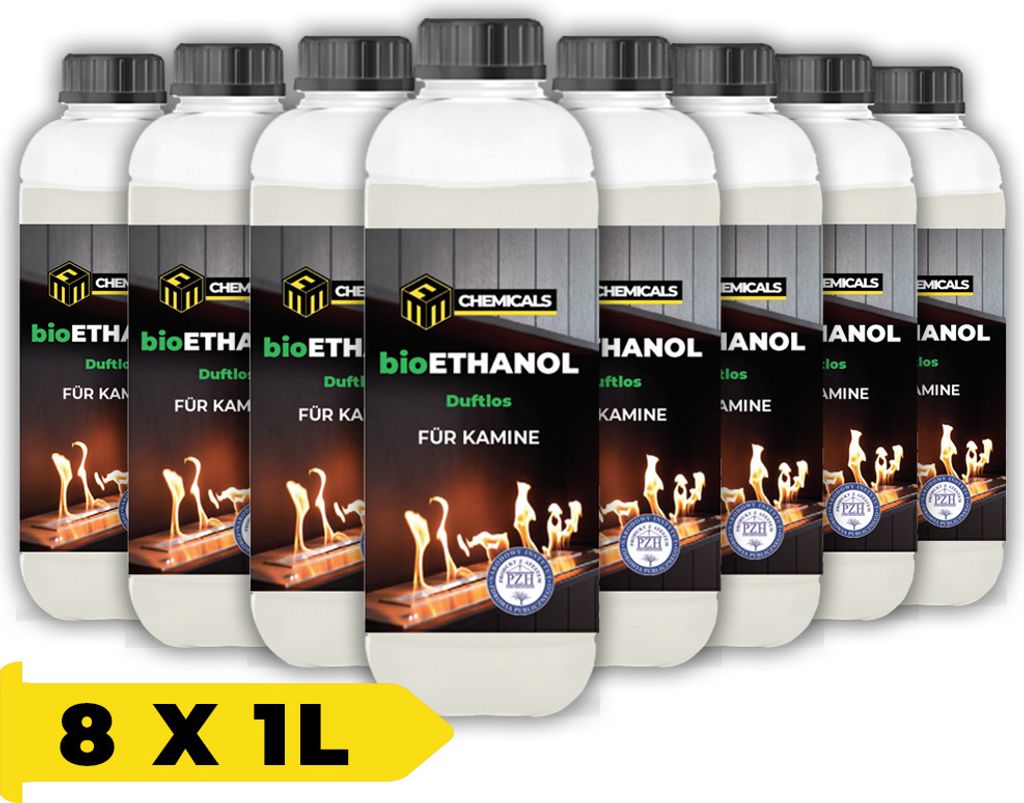 MRM CHEMICALS Bioethanol Alkohol 1L für Ethanol Kamin Tischkamin Feuerstelle, Brennstoff für Innen Außen, Geruchlos, Rauch- und Rußfrei x8