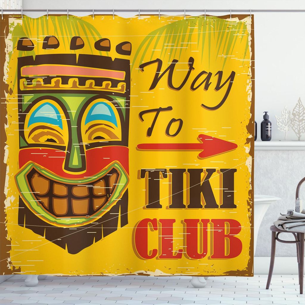 ABAKUHAUS Tiki Bar Duschvorhang, Weg zu Tiki Club Vintage Poster Design Retro Grunge polynesischen exotischen Retro-Print, 175 x 240 cm, Mehrfarbig