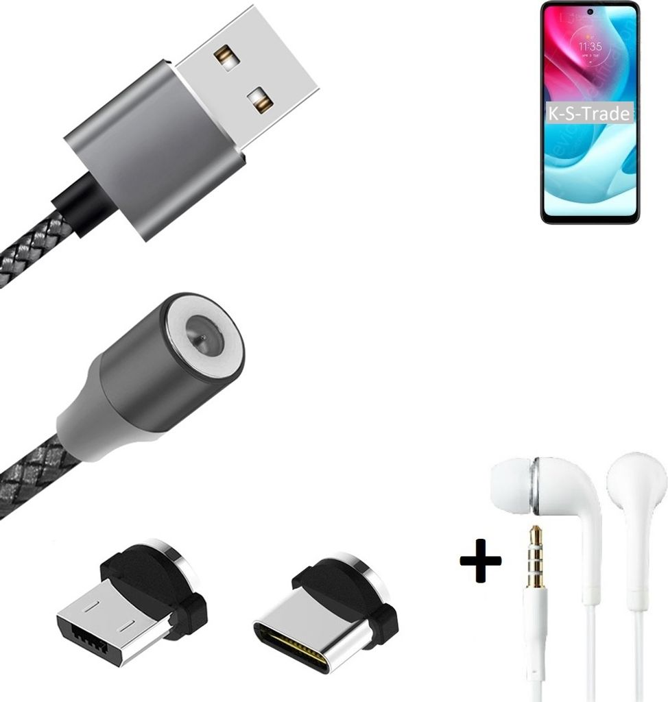 K-S-Trade Hochwertiges Magnet-Lade-kabel Sync-Kabel Daten-Kabel + Kopfhörer kompatibel mit Motorola Moto G60S mit USB-Typ-C-Anschluss und