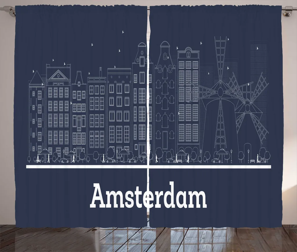 ABAKUHAUS Rideaux Amsterdam Rustiques Vue Urbaine Bleu et Gris 280x225cm