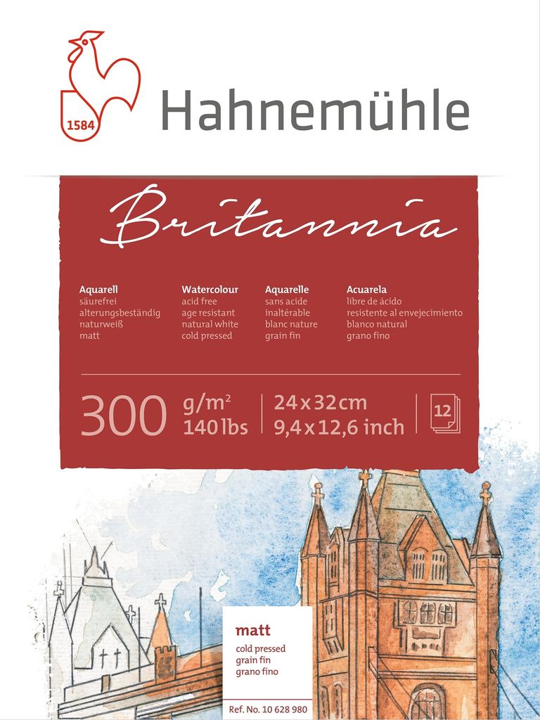 A Hahnemühle Britannia watercolor paper product advertisement featuring a watercolor painting of a building.