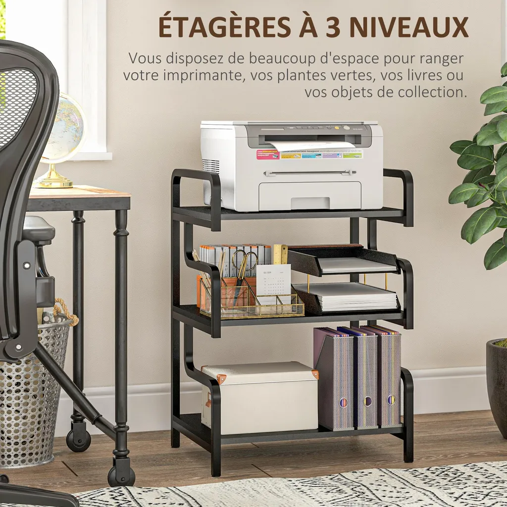 HOMCOM Support d'Imprimante Noir à 3 Niveaux en Bois et Métal 55x40x77cm