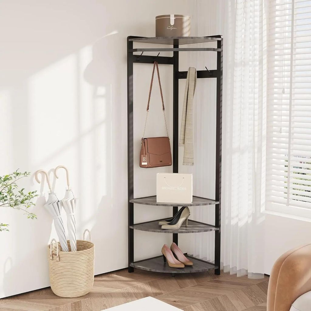 Eck-Garderobe mit Schuhbank - Flur Garderobenständer - 6 Doppelhaken - Eckdesign - Ablagen Für Diele/Flur - Moderner Stil - Weiß