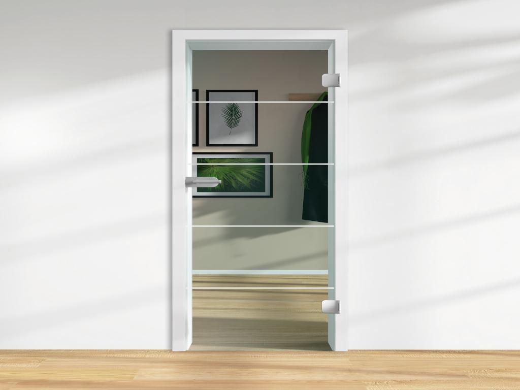 FLEXO Klar ESG 8mm Ganzglastür, 4 Mattierte Streifen, Sicherheitsglas, Badezimmer Tür, Duschtür, Einfache Montage, Modernes Design