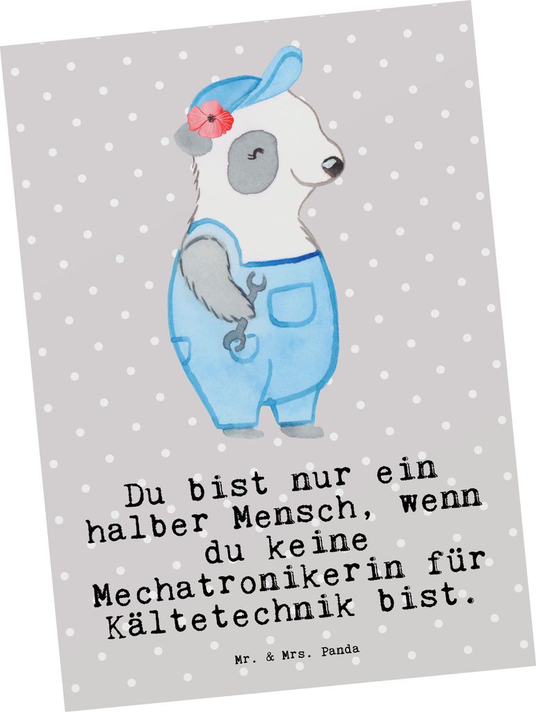Mr. & Mrs. Panda bildkarte Mechatronikerin für Kältetechnik Herz - Grau Pastell - Geschenk, Gesellenprüfung, Grußkarte, Postkarte, Lustig, Ansi...
